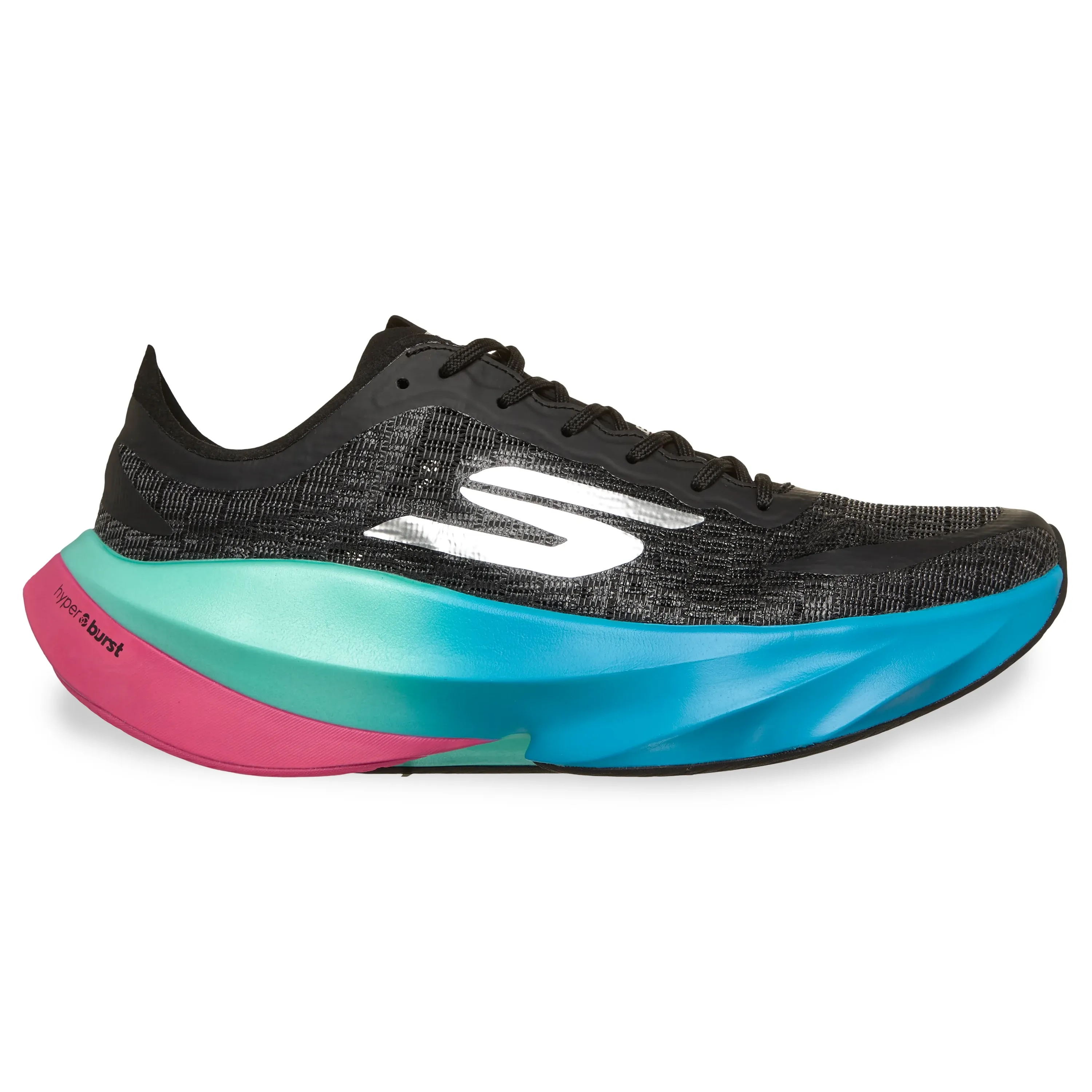 Tênis de corrida masculino Skechers Aero Tempo preto com detalhes multicoloridos e fechamento em cadarço